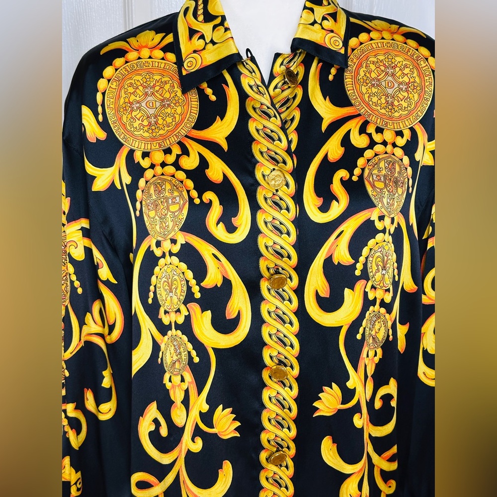 Escada Blouse Rare Vintage Baroque Black Gold Long Sleeve Size 40 8 US 100% Silk - Picture 2 of 15